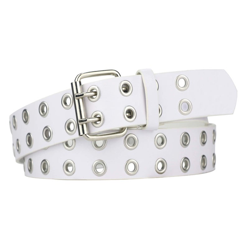 Macoking Grommet Leather Belts for Women, White Belt Women Men - Double Studded Holes-S - Image 1